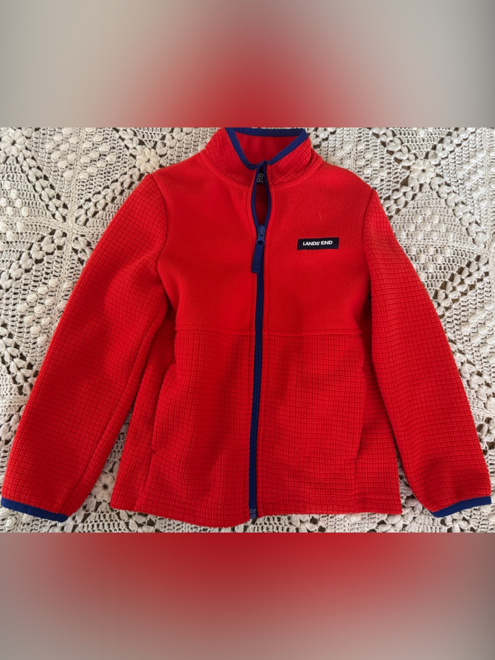 Lands' End Red Full-Zip Fleece with Blue Accents